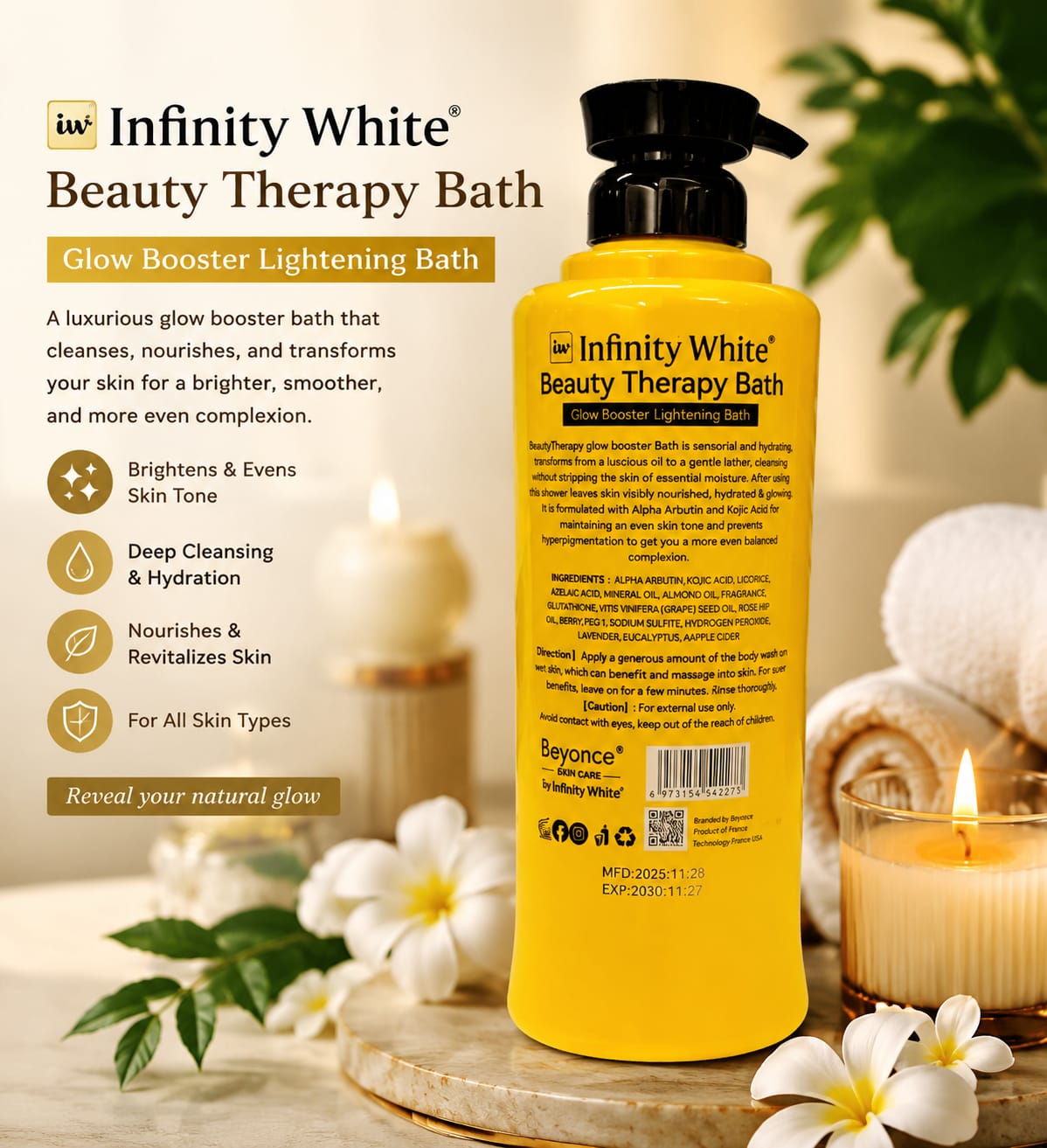 Infinity White Beauty Therapy Body Lotion with Alpha Arbutin & Kojic, 500 ml