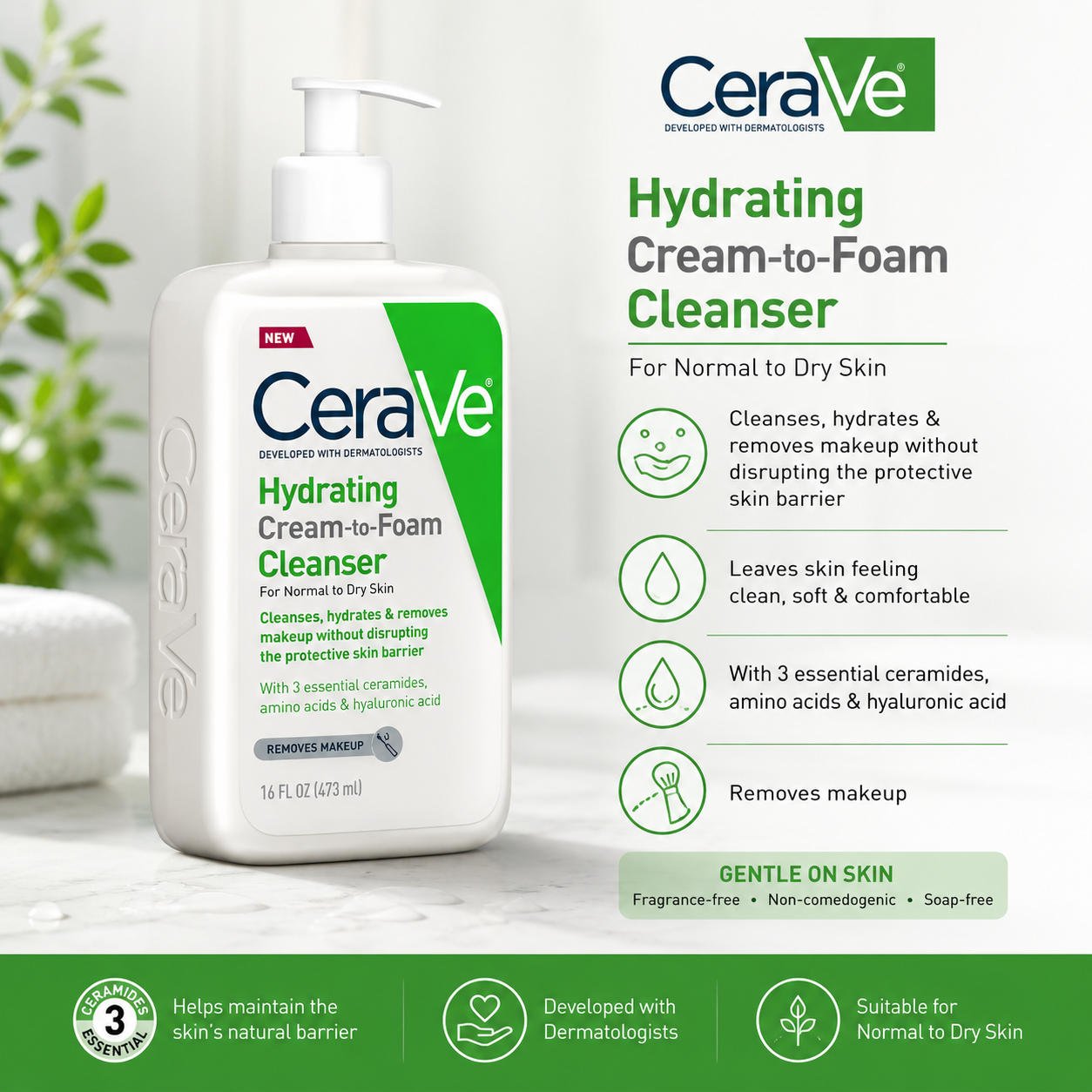 CeraVe Hydrating Cream-to-Foam Cleanser for Normal to Dry Skin with Ceramides & Hyaluronic Acid – 16 fl oz (473 ml)